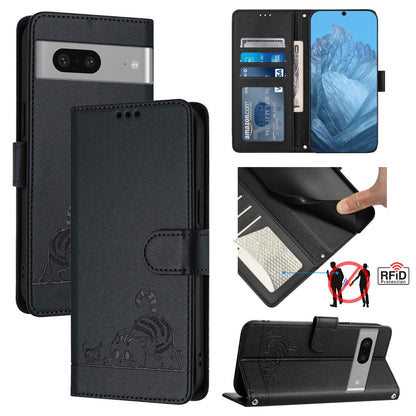 Google Pixel 7 5G Cat and Rat Embossed Pattern, RFID Leather Phone Case with Lanyard, Kickstand, and Wallet Features