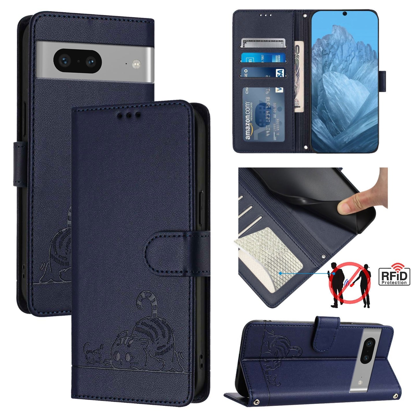 Google Pixel 7 5G Cat and Rat Embossed Pattern, RFID Leather Phone Case with Lanyard, Kickstand, and Wallet Features