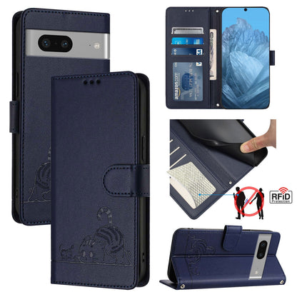 Google Pixel 7 5G Cat and Rat Embossed Pattern, RFID Leather Phone Case with Lanyard, Kickstand, and Wallet Features