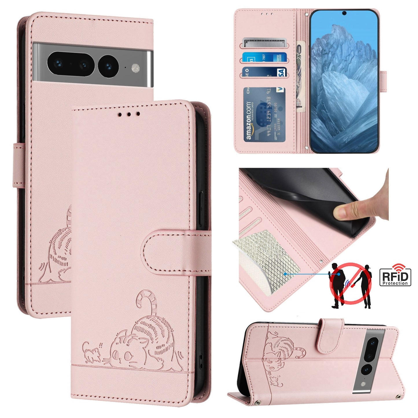 Google Pixel 7 Pro 5G Cat and Rat Embossed Pattern, RFID Leather Phone Case with Lanyard, Kickstand, and Wallet Features