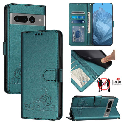 Google Pixel 7 Pro 5G Cat and Rat Embossed Pattern, RFID Leather Phone Case with Lanyard, Kickstand, and Wallet Features