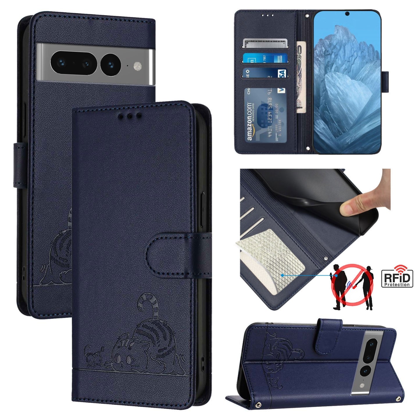 Google Pixel 7 Pro 5G Cat and Rat Embossed Pattern, RFID Leather Phone Case with Lanyard, Kickstand, and Wallet Features