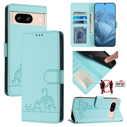 Google Pixel 8 Cat and Rat Embossed Pattern, RFID Leather Phone Case with Lanyard, Kickstand, and Wallet Features