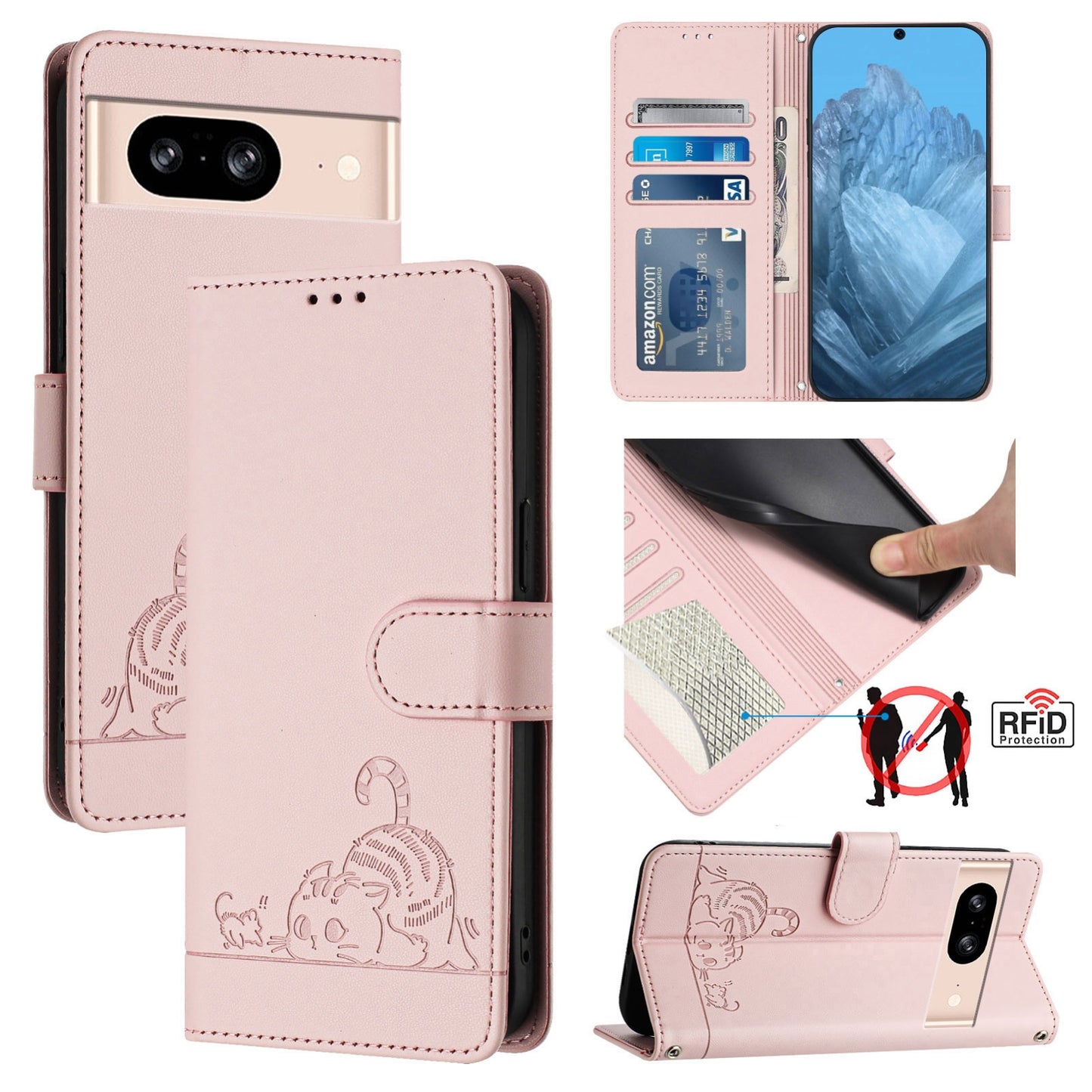 Google Pixel 8 Cat and Rat Embossed Pattern, RFID Leather Phone Case with Lanyard, Kickstand, and Wallet Features