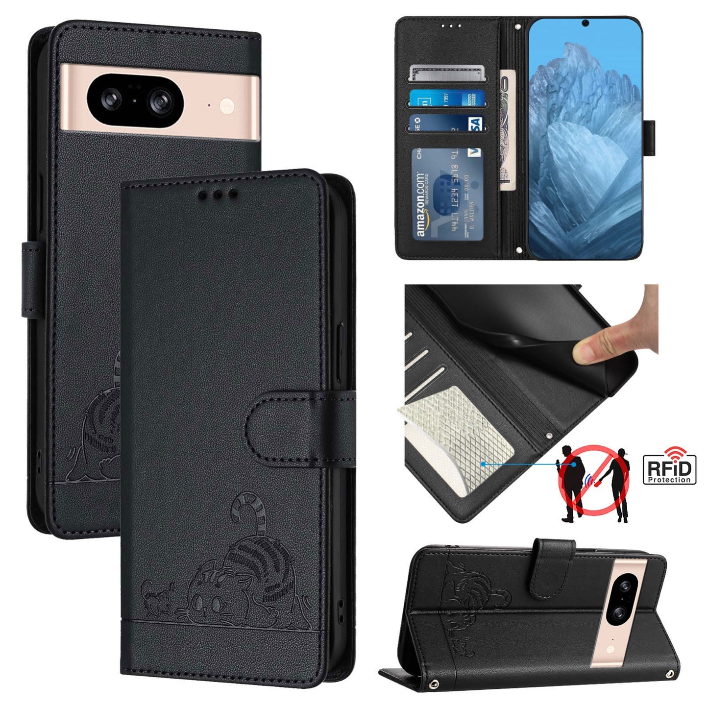 Google Pixel 8 Cat and Rat Embossed Pattern, RFID Leather Phone Case with Lanyard, Kickstand, and Wallet Features