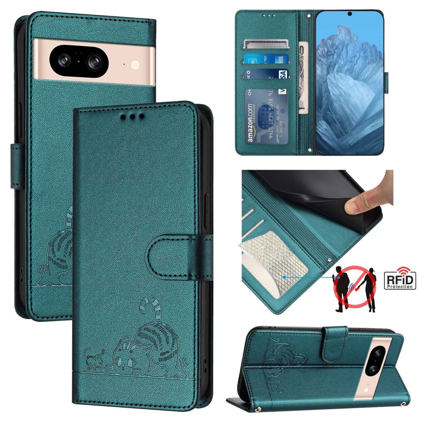 Google Pixel 8 Cat and Rat Embossed Pattern, RFID Leather Phone Case with Lanyard, Kickstand, and Wallet Features