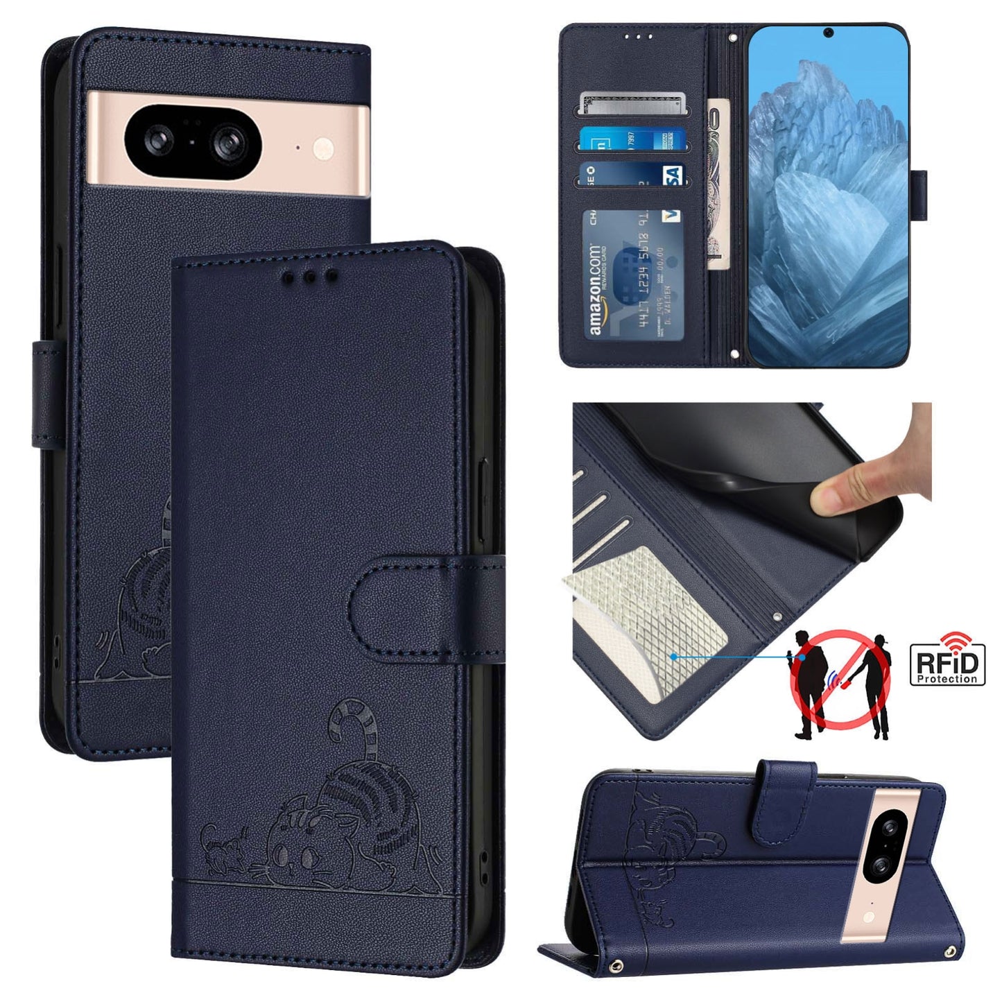 Google Pixel 8 Cat and Rat Embossed Pattern, RFID Leather Phone Case with Lanyard, Kickstand, and Wallet Features