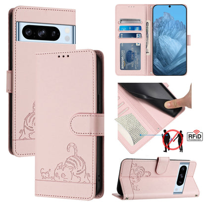 Google Pixel 8 Pro Cat and Rat Embossed Pattern, RFID Leather Phone Case with Lanyard, Kickstand, and Wallet Features