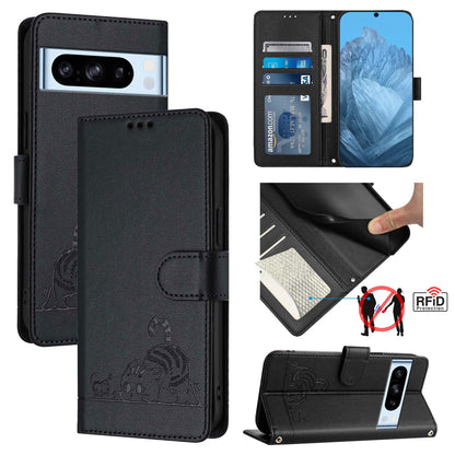 Google Pixel 8 Pro Cat and Rat Embossed Pattern, RFID Leather Phone Case with Lanyard, Kickstand, and Wallet Features