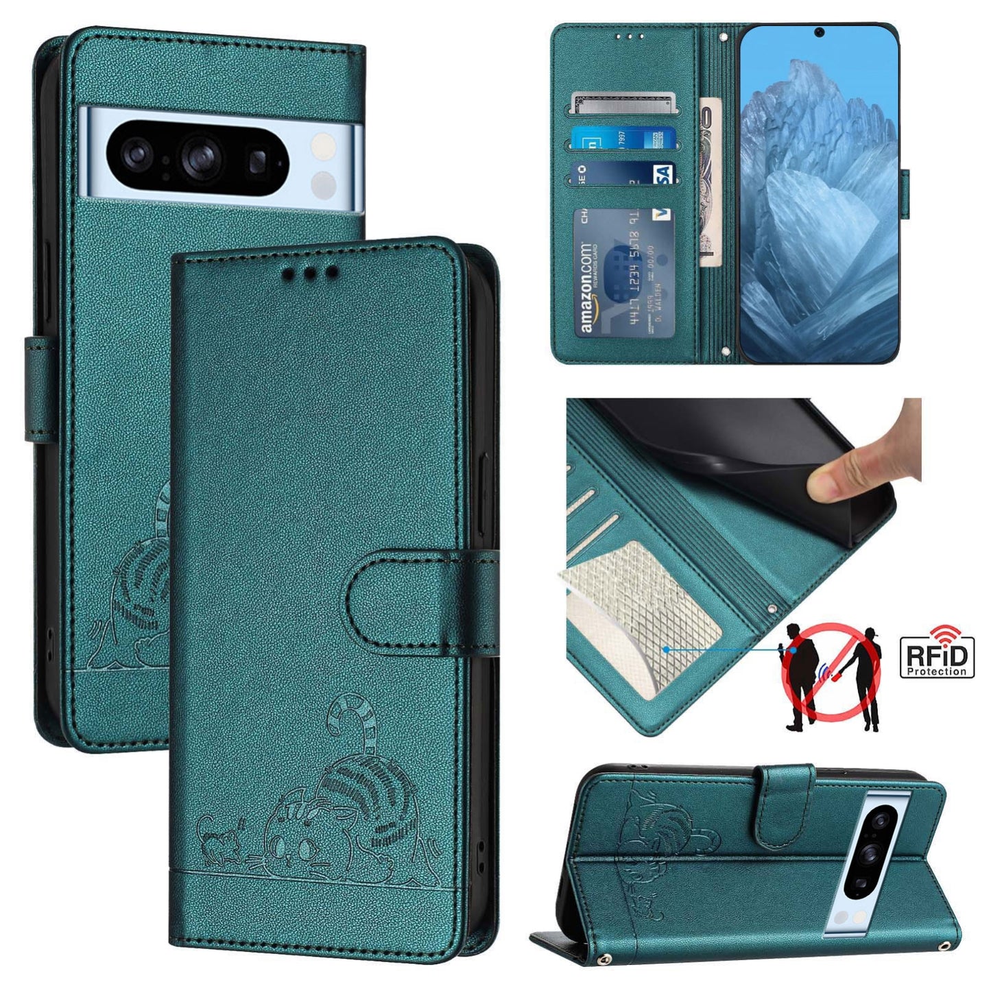 Google Pixel 8 Pro Cat and Rat Embossed Pattern, RFID Leather Phone Case with Lanyard, Kickstand, and Wallet Features