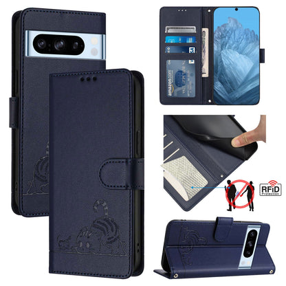 Google Pixel 8 Pro Cat and Rat Embossed Pattern, RFID Leather Phone Case with Lanyard, Kickstand, and Wallet Features