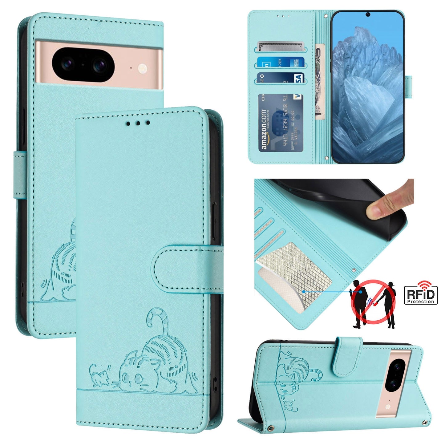 Google Pixel 8A Cat and Rat Embossed Pattern, RFID Leather Phone Case with Lanyard, Kickstand, and Wallet Features