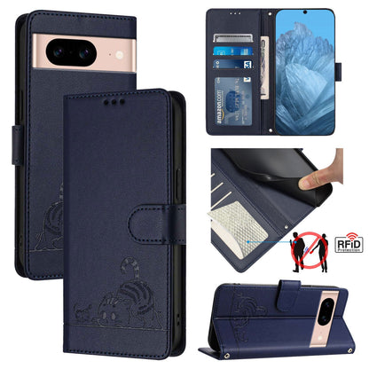 Google Pixel 8A Cat and Rat Embossed Pattern, RFID Leather Phone Case with Lanyard, Kickstand, and Wallet Features