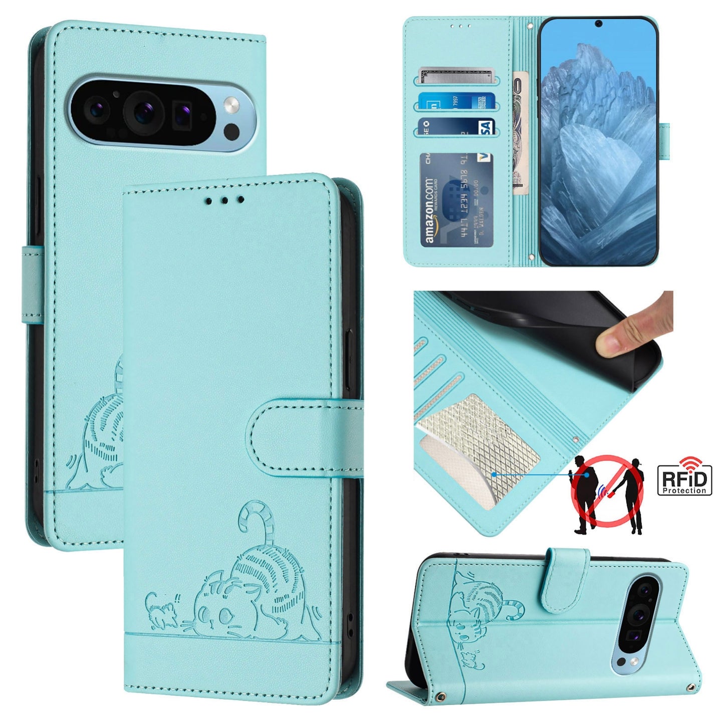 Google Pixel 9 Cat and Rat Embossed Pattern, RFID Leather Phone Case with Lanyard, Kickstand, and Wallet Features