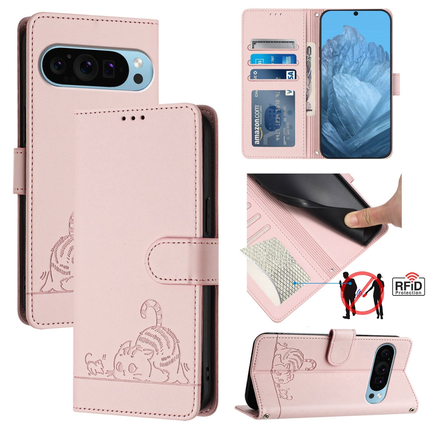 Google Pixel 9 Cat and Rat Embossed Pattern, RFID Leather Phone Case with Lanyard, Kickstand, and Wallet Features