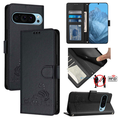 Google Pixel 9 Pro Cat and Rat Embossed Pattern, RFID Leather Phone Case with Lanyard, Kickstand, and Wallet Features