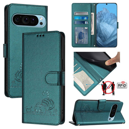 Google Pixel 9 Cat and Rat Embossed Pattern, RFID Leather Phone Case with Lanyard, Kickstand, and Wallet Features