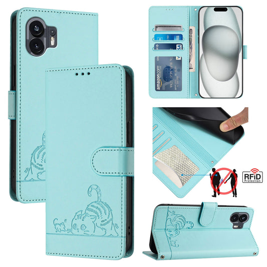 Nothing Phone 2A Cat and Rat Embossed Pattern, RFID Leather Phone Case with Lanyard, Kickstand, and Wallet Features