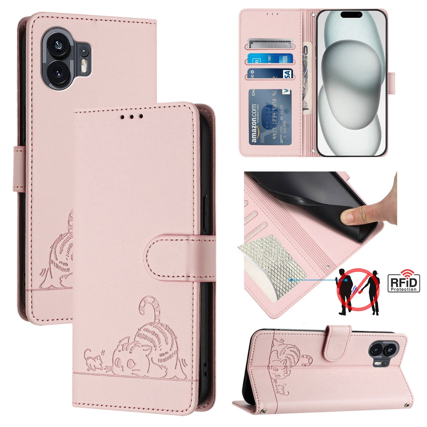 Nothing Phone 2A Cat and Rat Embossed Pattern, RFID Leather Phone Case with Lanyard, Kickstand, and Wallet Features