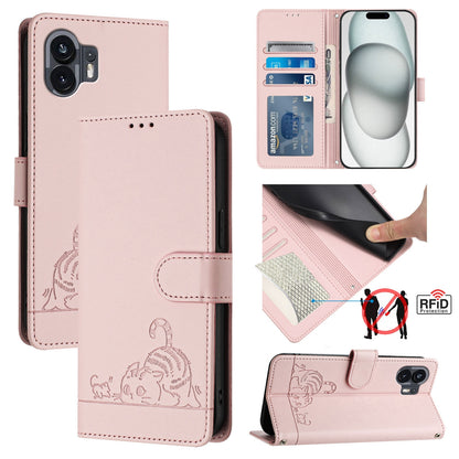 Nothing Phone 2A Cat and Rat Embossed Pattern, RFID Leather Phone Case with Lanyard, Kickstand, and Wallet Features