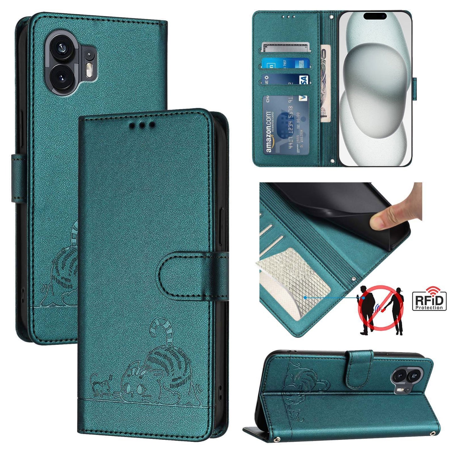 Nothing Phone 2A Cat and Rat Embossed Pattern, RFID Leather Phone Case with Lanyard, Kickstand, and Wallet Features