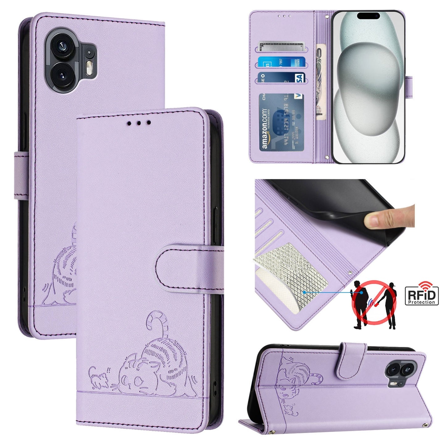Nothing Phone 2A Cat and Rat Embossed Pattern, RFID Leather Phone Case with Lanyard, Kickstand, and Wallet Features