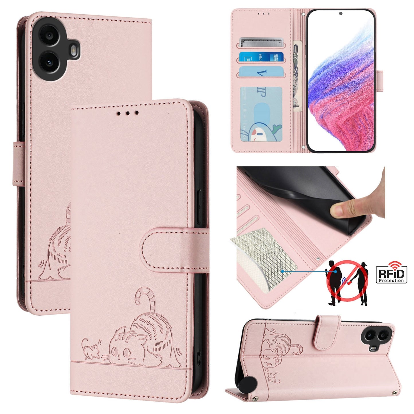 Nothing CMF Phone 1 Cat and Rat Embossed Pattern, RFID Leather Phone Case with Lanyard, Kickstand, and Wallet Features