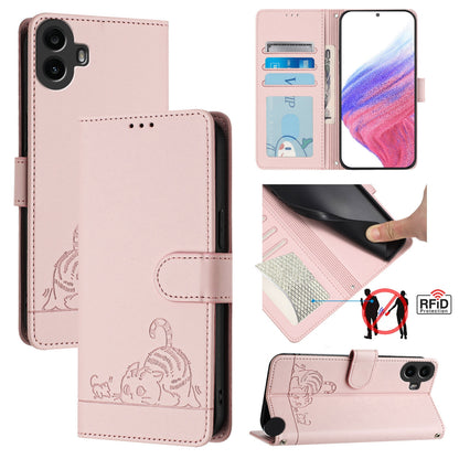 Nothing CMF Phone 1 Cat and Rat Embossed Pattern, RFID Leather Phone Case with Lanyard, Kickstand, and Wallet Features