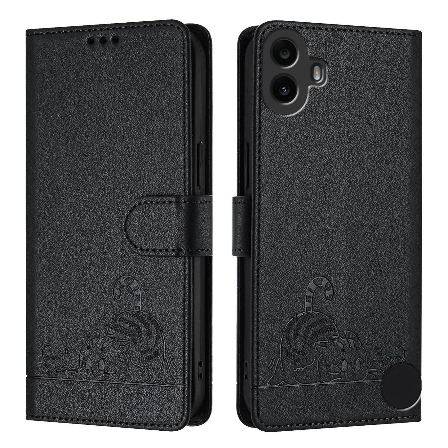 Nothing CMF Phone 1 Cat and Rat Embossed Pattern, RFID Leather Phone Case with Lanyard, Kickstand, and Wallet Features