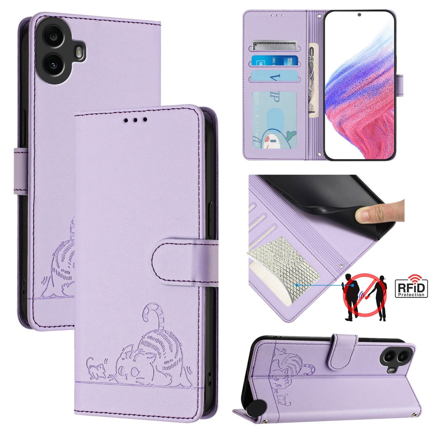 Nothing CMF Phone 1 Cat and Rat Embossed Pattern, RFID Leather Phone Case with Lanyard, Kickstand, and Wallet Features