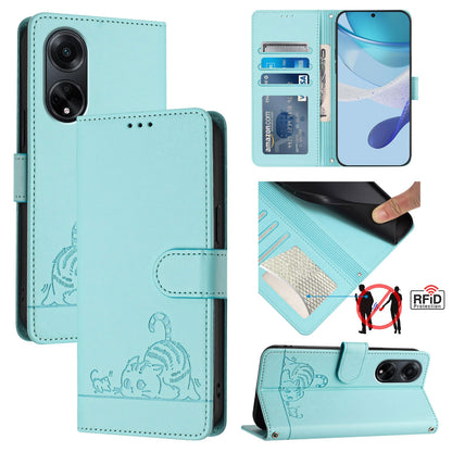 OPPO A98 5G Cat and Rat Embossed Pattern, RFID Leather Phone Case with Lanyard, Kickstand, and Wallet Features