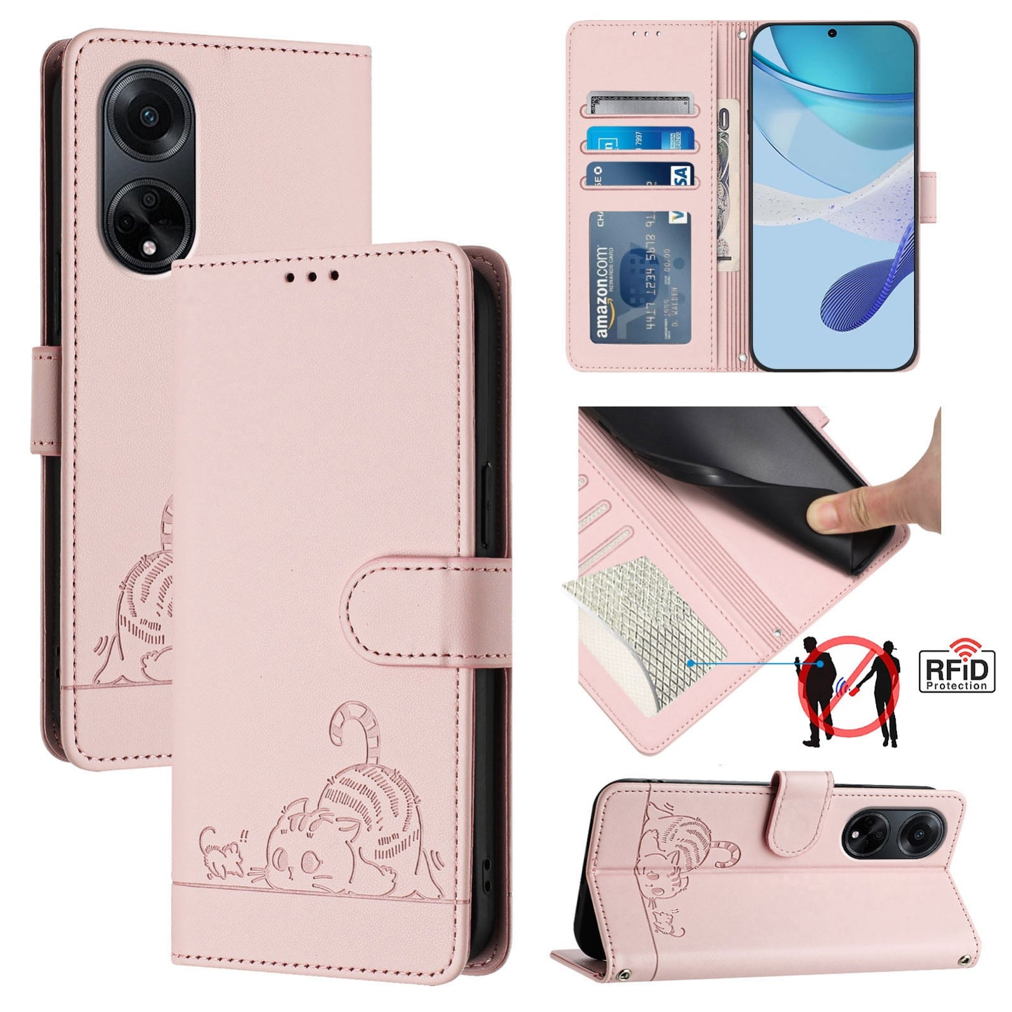 OPPO A98 5G Cat and Rat Embossed Pattern, RFID Leather Phone Case with Lanyard, Kickstand, and Wallet Features
