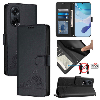 OPPO A98 5G Cat and Rat Embossed Pattern, RFID Leather Phone Case with Lanyard, Kickstand, and Wallet Features
