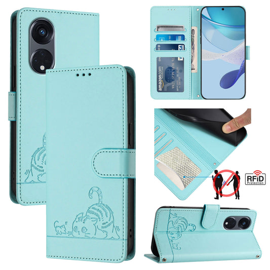 OPPO A1 Pro 5G Cat and Rat Embossed Pattern, RFID Leather Phone Case with Lanyard, Kickstand, and Wallet Features