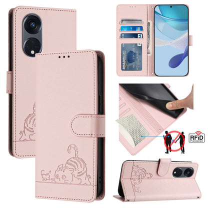 OPPO Reno8 T 5G Global Cat and Rat Embossed Pattern, RFID Leather Phone Case with Lanyard, Kickstand, and Wallet Features