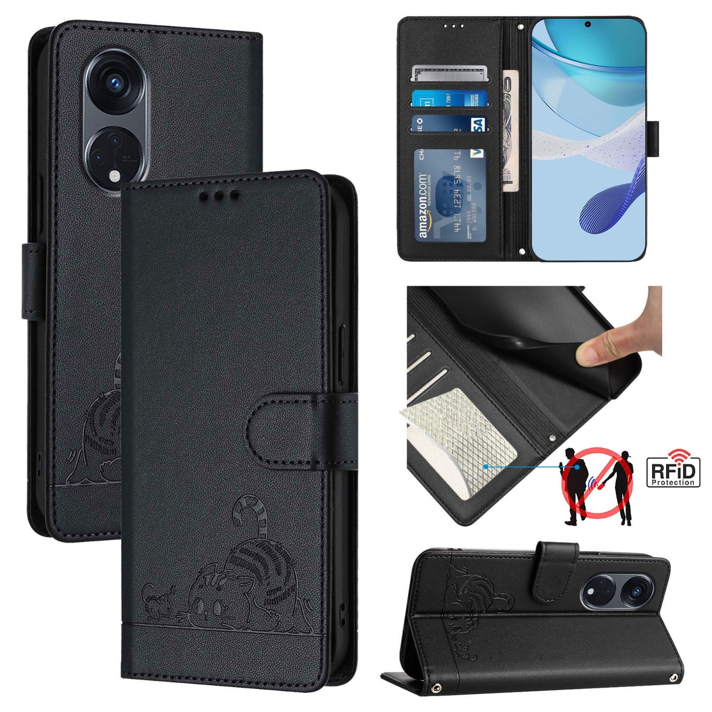 OPPO A1 Pro 5G Cat and Rat Embossed Pattern, RFID Leather Phone Case with Lanyard, Kickstand, and Wallet Features