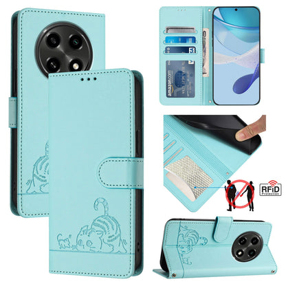 OPPO A3 Pro 5G Cat and Rat Embossed Pattern, RFID Leather Phone Case with Lanyard, Kickstand, and Wallet Features