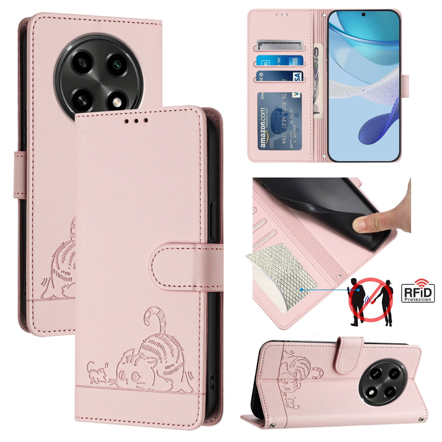 OPPO A3 Pro 5G Cat and Rat Embossed Pattern, RFID Leather Phone Case with Lanyard, Kickstand, and Wallet Features