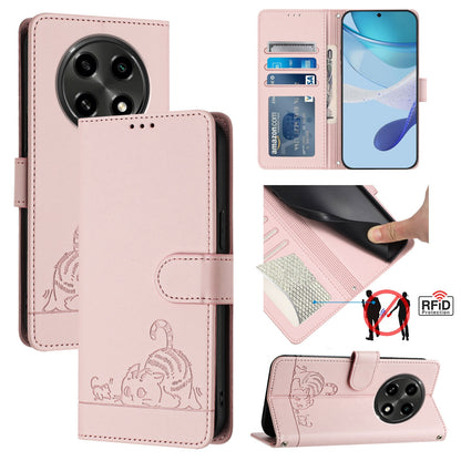 OPPO A3 Pro 5G Cat and Rat Embossed Pattern, RFID Leather Phone Case with Lanyard, Kickstand, and Wallet Features