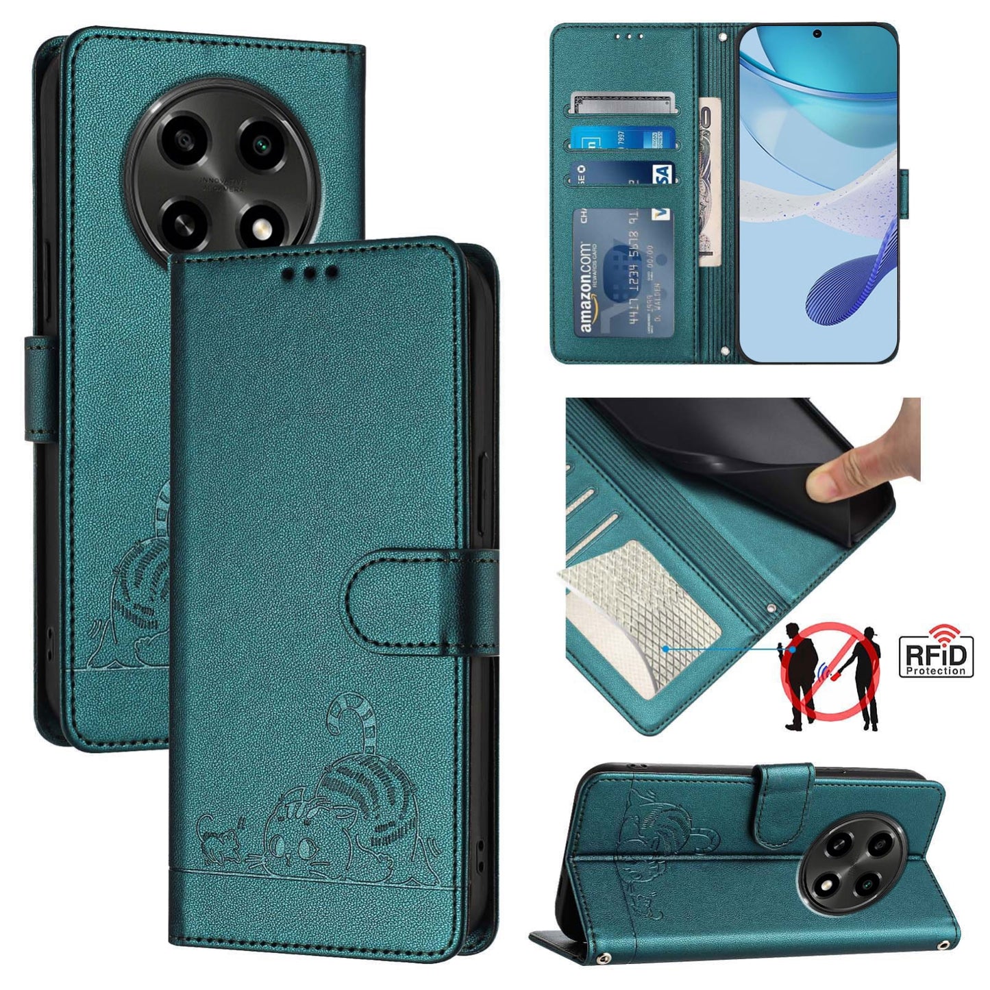 OPPO A3 Pro 5G Cat and Rat Embossed Pattern, RFID Leather Phone Case with Lanyard, Kickstand, and Wallet Features