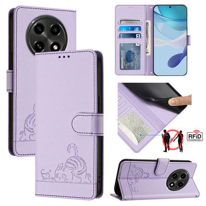 OPPO A3 Pro 5G Cat and Rat Embossed Pattern, RFID Leather Phone Case with Lanyard, Kickstand, and Wallet Features