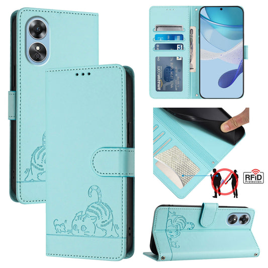 OPPO A17K Cat and Rat Embossed Pattern, RFID Leather Phone Case with Lanyard, Kickstand, and Wallet Features