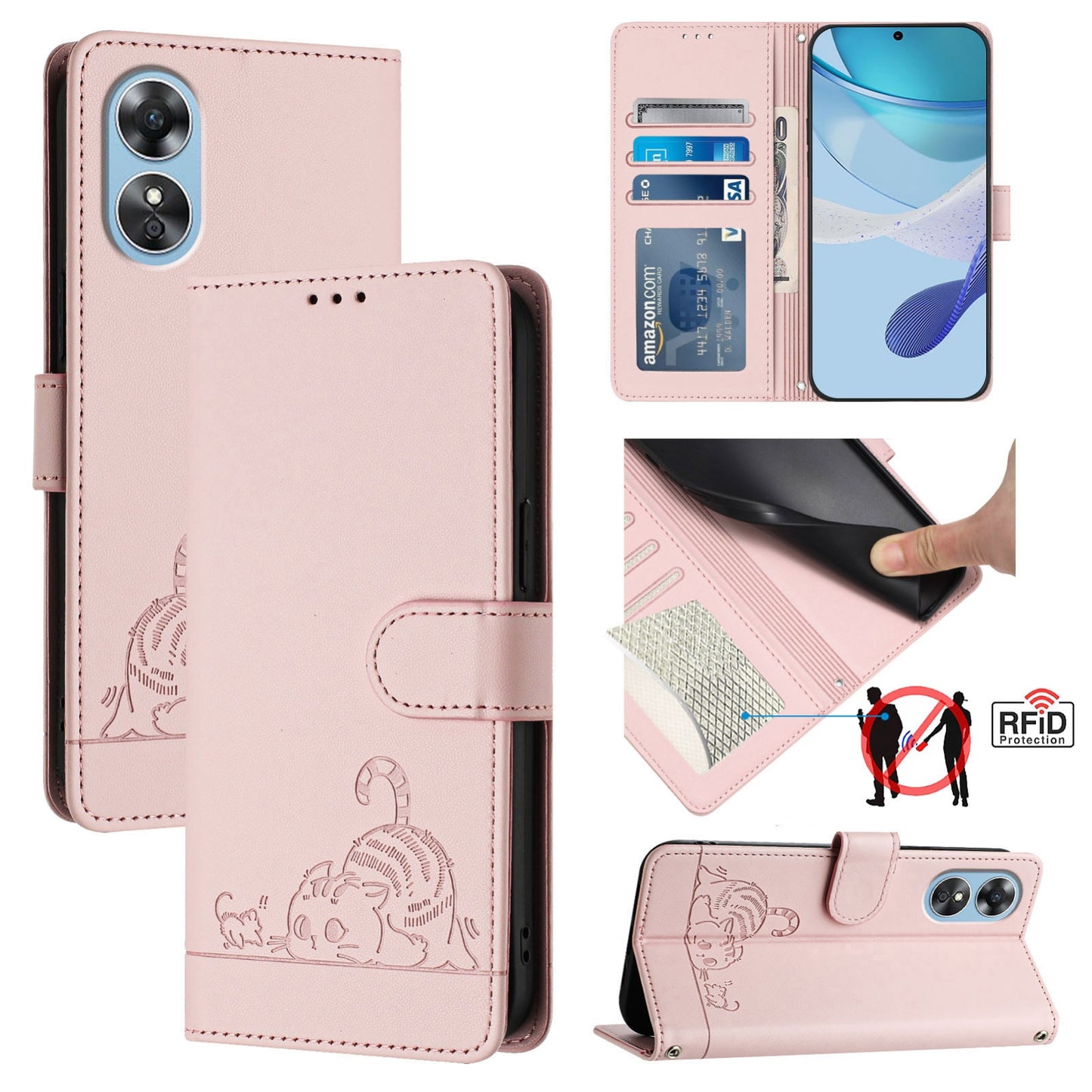 OPPO A17 4G Global Cat and Rat Embossed Pattern, RFID Leather Phone Case with Lanyard, Kickstand, and Wallet Features