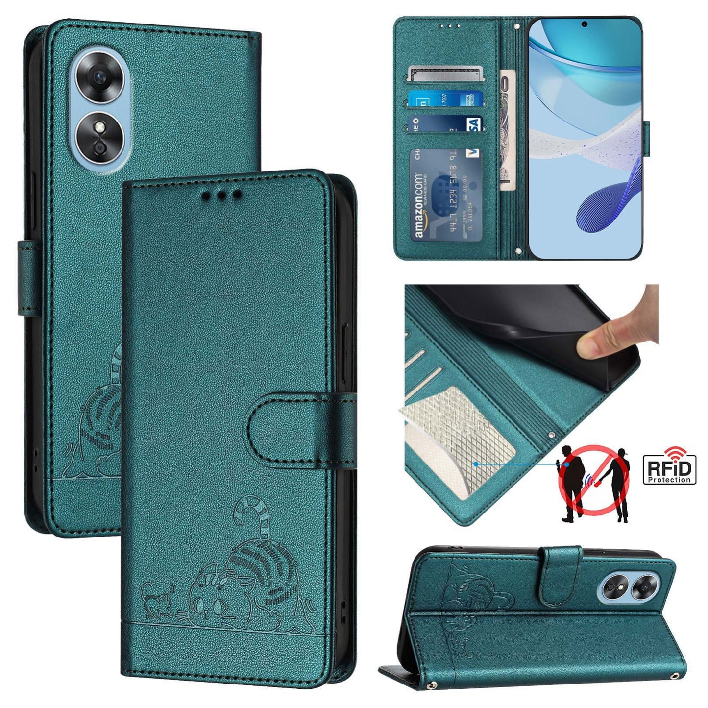 OPPO A17 4G Global Cat and Rat Embossed Pattern, RFID Leather Phone Case with Lanyard, Kickstand, and Wallet Features