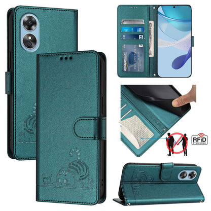 OPPO A17K Cat and Rat Embossed Pattern, RFID Leather Phone Case with Lanyard, Kickstand, and Wallet Features