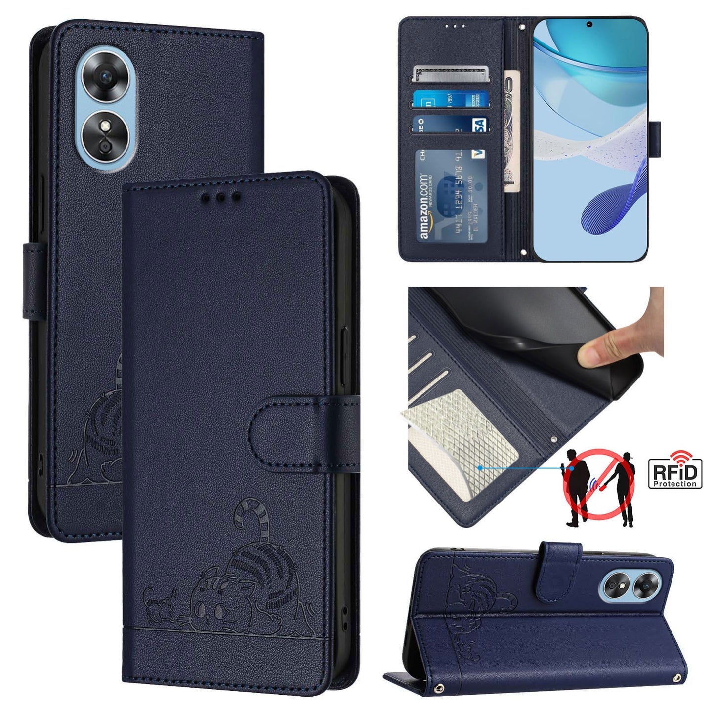 OPPO A17 4G Global Cat and Rat Embossed Pattern, RFID Leather Phone Case with Lanyard, Kickstand, and Wallet Features