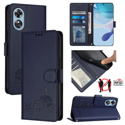 OPPO A17K Cat and Rat Embossed Pattern, RFID Leather Phone Case with Lanyard, Kickstand, and Wallet Features