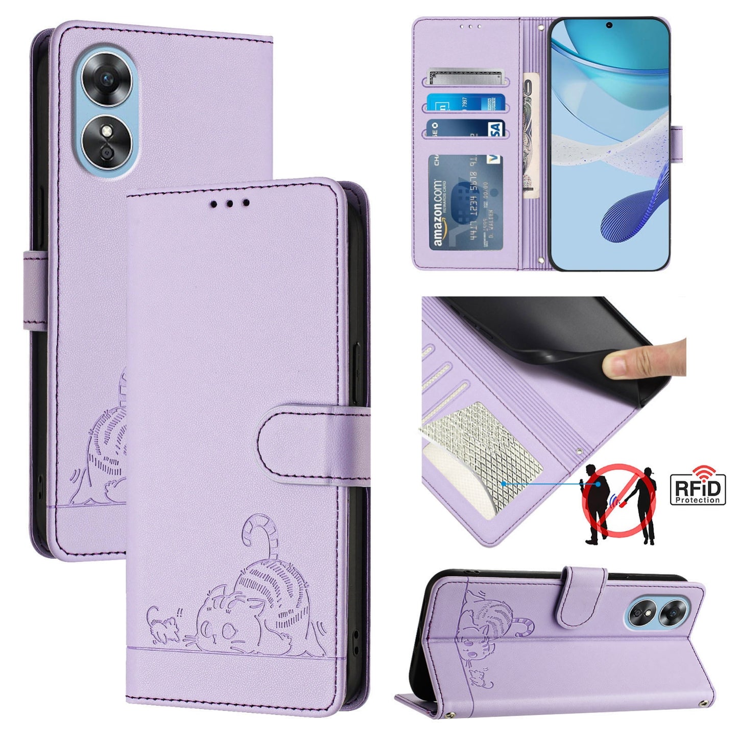 OPPO A17 4G Global Cat and Rat Embossed Pattern, RFID Leather Phone Case with Lanyard, Kickstand, and Wallet Features