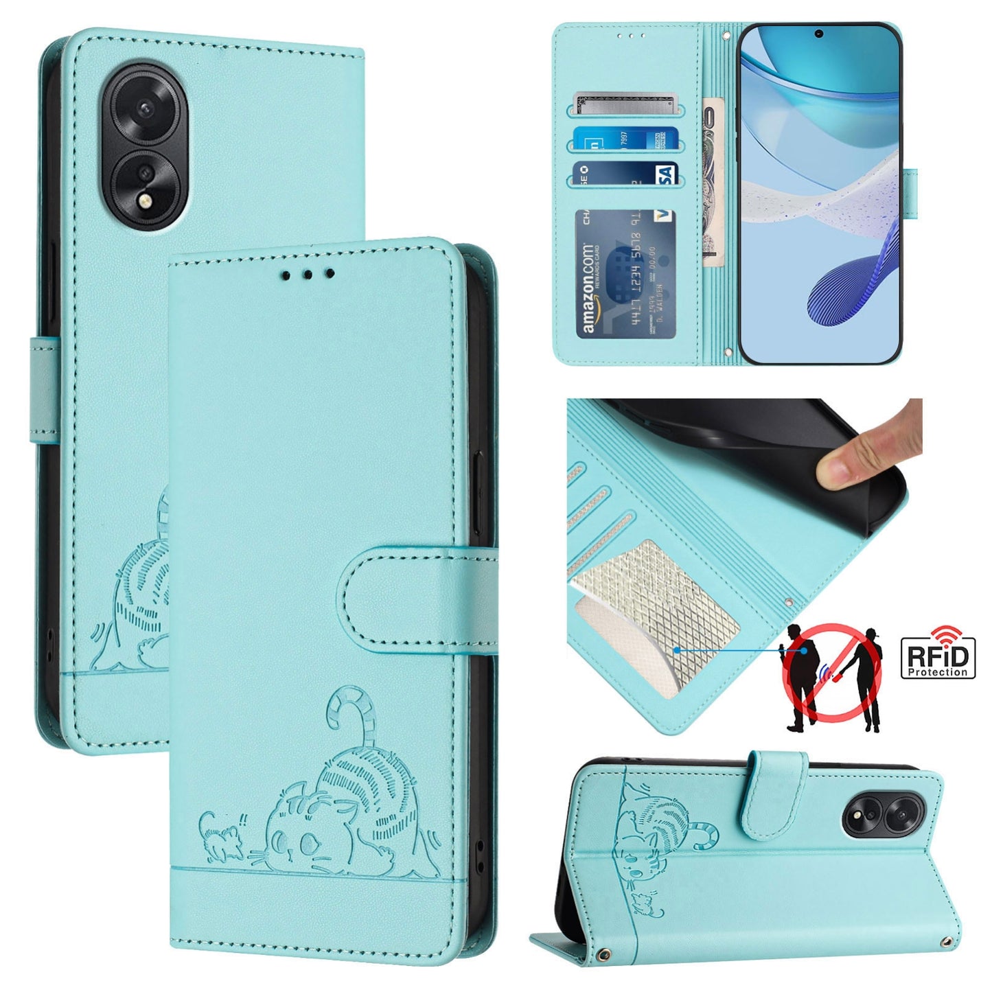 OPPO A18 4G Global Cat and Rat Embossed Pattern, RFID Leather Phone Case with Lanyard, Kickstand, and Wallet Features