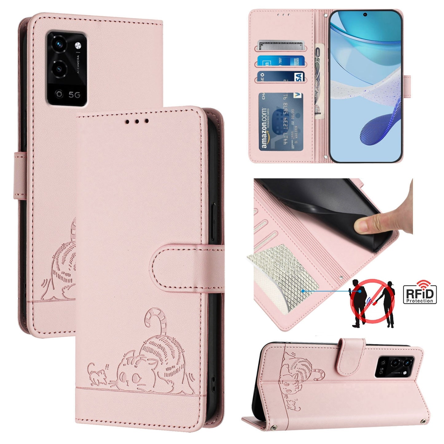 OPPO A54S Cat and Rat Embossed Pattern, RFID Leather Phone Case with Lanyard, Kickstand, and Wallet Features